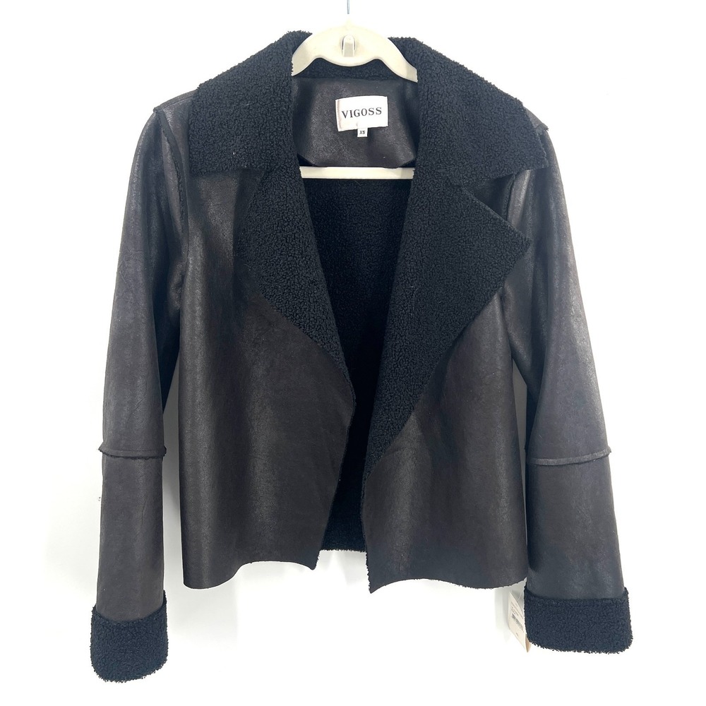 NEW Vigoss moto jacket black sherpa classic cropped bikercore goth emo‎ open XS